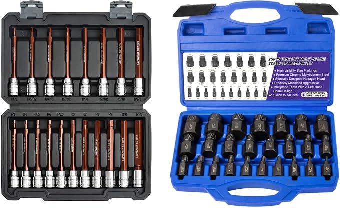 LLNDEI 19PCS 3/8-Inch Drive Extra Long Allen Hex Bit Socket Set&25 PCS Screw Extractor Set