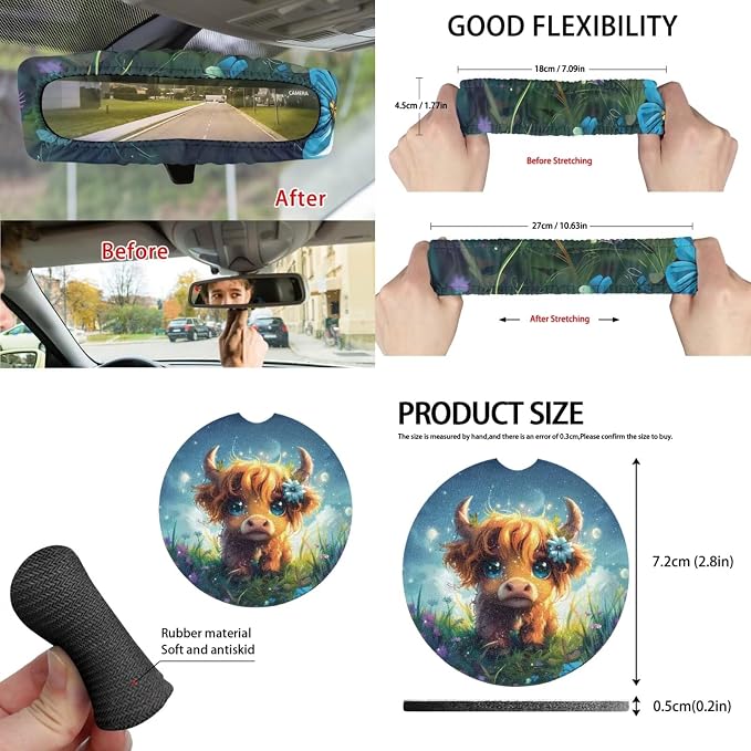 Moon Baby Highland Cow 15 PCS Car Seat Cover Set, with Steering Wheel Seat Belt Cover Rear View Mirror Cover Coaster Trash Cans Keychain Universal Fit