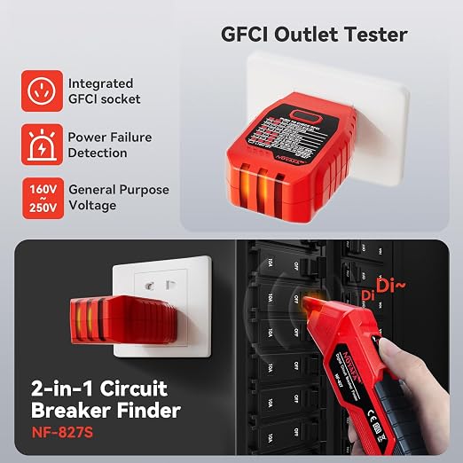 NF-827S Circuit Breaker Locator, GFCI Outlet Tester, Circuit Breaker Finder Tool, 90-120V AC Digital Circuit Finder with NCV Testing and Flashlight, Includes Carrying Case and Adapters