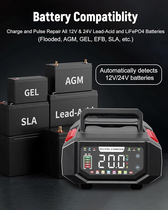 1-20A Smart Battery Charger, 12V/24V Automatic Automotive Battery Maintainer & Desulfator with Temperature Compensation, Adjustable Amp Trickle Charger for Lead-Acid, AGM, Gel, LiFePO4
