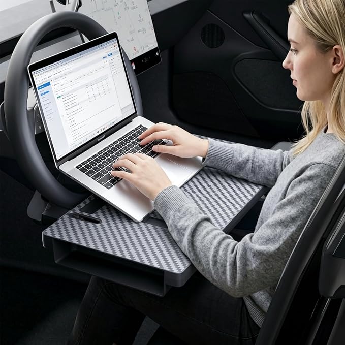 2-in-1 Car Steering Wheel Desk Tray & Slim Seat Gap Filler Organizer, Foldable Car Table for Eating Working, Carbon Fiber Car Laptop Tray & Seat Organizer for Car SUV Truck