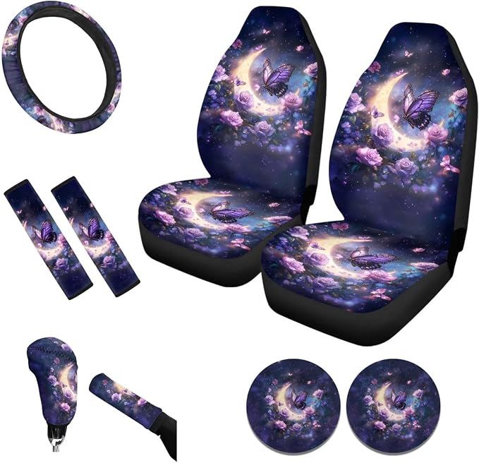 Tupalatus 9 Pcs Moon Butterfly Print Two Front Car Seat Covers with Steering Wheel Cover Auto Seat Belt Cover Coasters Gear Shift Cover Hand Brake Cover Car Accessories Set Easy to Install