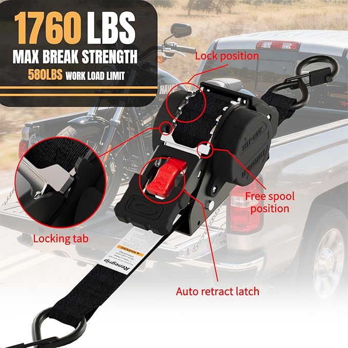 Retractable Ratchet Straps Heavy Duty Tie Down 1''*12ft Breaking Strength 1760LBS Cargo Securing System,for Motorcycle,UTV,ATV,Trailer(Black,4 Pack)