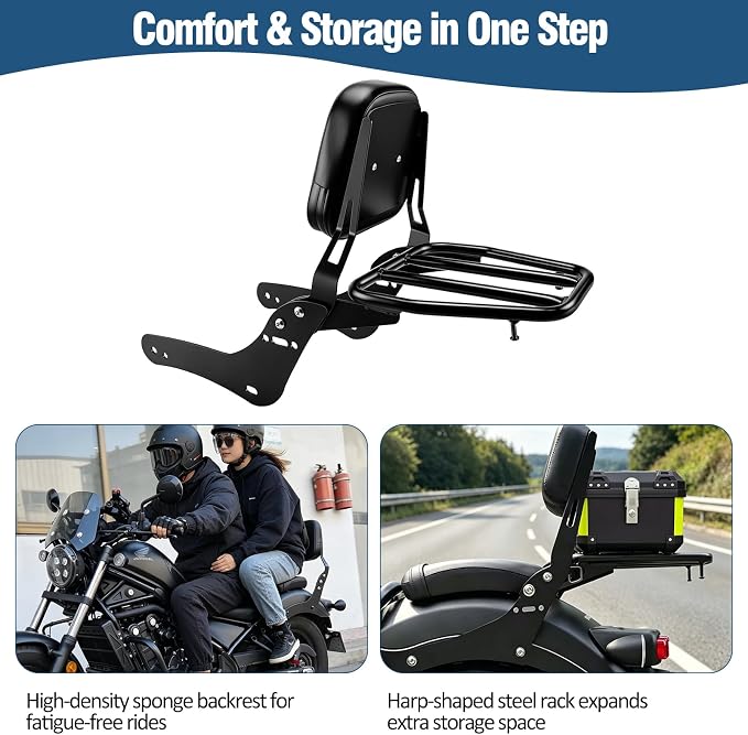 Detachable Seat Sissy Bar Backrest with Luggage Rack Passenger Rear Back Restfor Honda Rebel 300 500 1100 CMX 300 CMX500 CMX1100 2021 2022 2023 2024 2025 2026