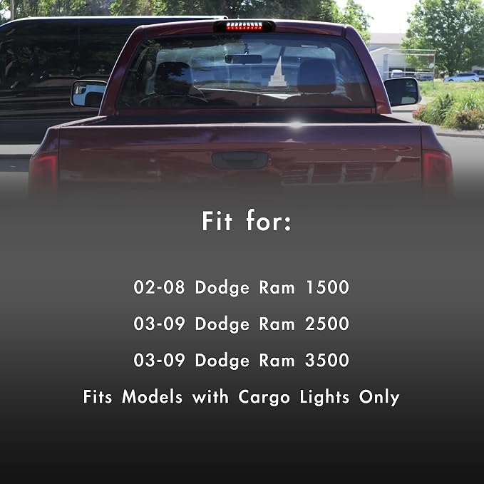 Third 3rd Brake Light, LED High Mount Stop Light Replacement for 2002 2003 2004 2005 2006 2007 2008 Dodge Ram 1500, 2003-2009 Dodge Ram 2500 3500, Rear Center Cab Roof Tail Cargo Lamp