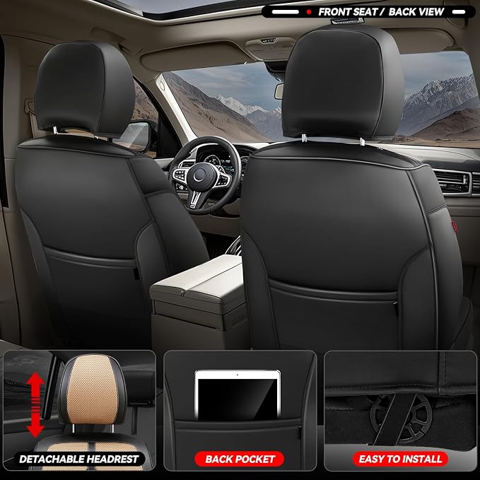 Auto Dynasty Car Seat Covers Full Set, Anti-Slip Automotive Interior Covers with Storage Pocket, Breathable Car Seat Protectors, Airbag Compatible, Universal Fit Most Vehicles, Beige (Sport Series)