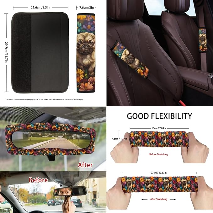 Suobstales Pug Dog Daisy Print Car Accessories Auto Seat Covers Full Set of 13 with Steering Wheel Cover, Seat Belt Pads, Trash Can, Coaster, Rearview Mirror Cover, Keychains for SUV Van