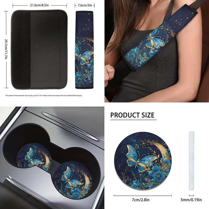 11Pcs Butterfly Car Accessory Interior Full Sets Blue Moon Butterfly Car Seat Covers Auto Seat Protection with 15Inch Neoprene Steering Wheel Cover Seatbelt Pads Keychain Seatbelt Pad
