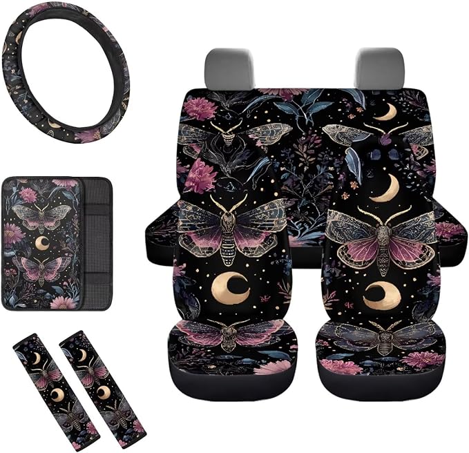 8 Pcs Moon Moth Car Seat Covers Full Set Car Accessories for Women Front Seat Cover Steering Wheel Armrest Cover Seat Belt Cover for Auto SUV Interior Decoration