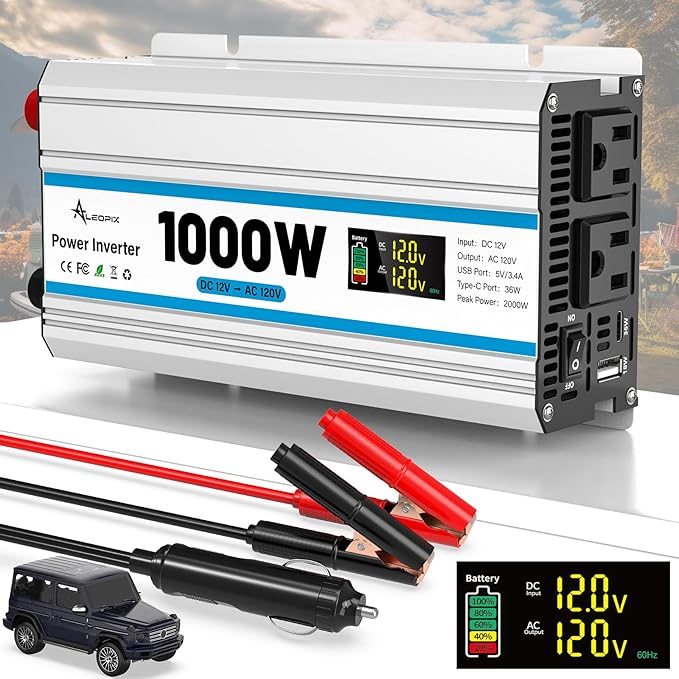 1000W Car Inverter 12V to 110V DC to AC Power Inverters for Vehicles with 2 AC Outlets/36W PD USB-C/18W QC USB-A Fast Charging/Cigarette Lighter/LED Display/100A Cables 1000 Watt Inverter