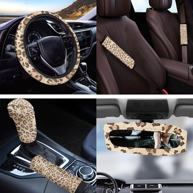 Leopard Print 11 Pieces Car Seat Covers Full Set Car Front Seat Cover Rear View Mirror Cover Steering Wheel Cover Seat Belt Pad Cover Gear Lever Cover Fits for Cars,SUVs