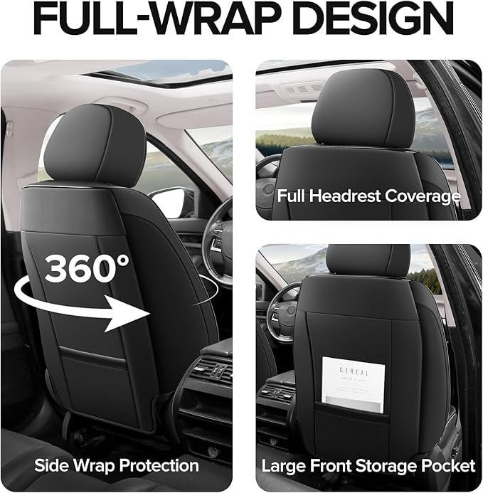 CAPITAUTO Car Seat Covers Full Set, Black Seat Covers for Car with Lumbar Support, Faux Leather Waterproof Seat Covers 5 Seats, Breathable Automotive Seat Covers Fit for Most Cars SUV Truck