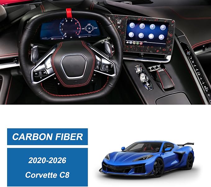 Red Forged Style Real Carbon Fiber Central Control Screen Frame Trim Compatible with 2020-2026 Corvette C8, Interior Decor Sticker Accessories