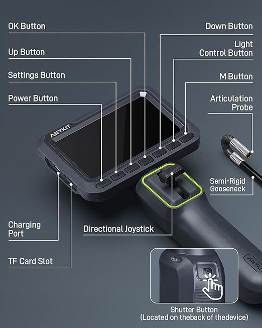 Anykit Articulating Borescope, 210° Two-Way 0.22in Slim Probe Endoscope with High-Brightness LED Lights, 4.3" IPS HD Video Inspection Snake Camera for Automotive Engine Inspect - 4FT