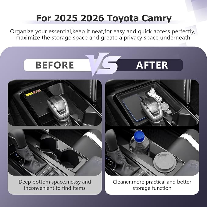 LUWU 2PCS Center Console Organizer Compatible with Toyota Camry 2025 2026 Accessories Wireless Charging Organizer Insert Tray, Cup Holder ABS Material Black