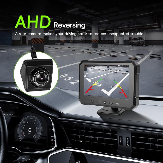Backup Camera AHD 1080P, 5" Customizable Reverse Guidelines(H/V/W), Night Vision 360 Adjustable IP68 Waterproof Rear View Camera for Truck Pickup RV Camper 5th Wheel Boat Horse Trailer Cars 12-24V