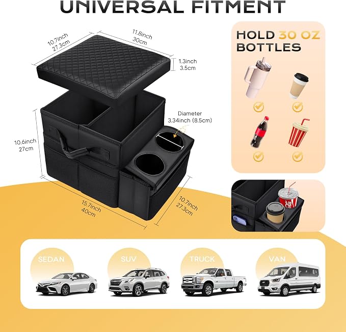 Foldable Bench Seat Center Console, Car Armrest Organizer Box with 2 Large Cup Holders & Massive Storage, Universal Portable Trunk Console Arm Rest for Car/Truck/Van/SUV Rear Organizers Back Seat