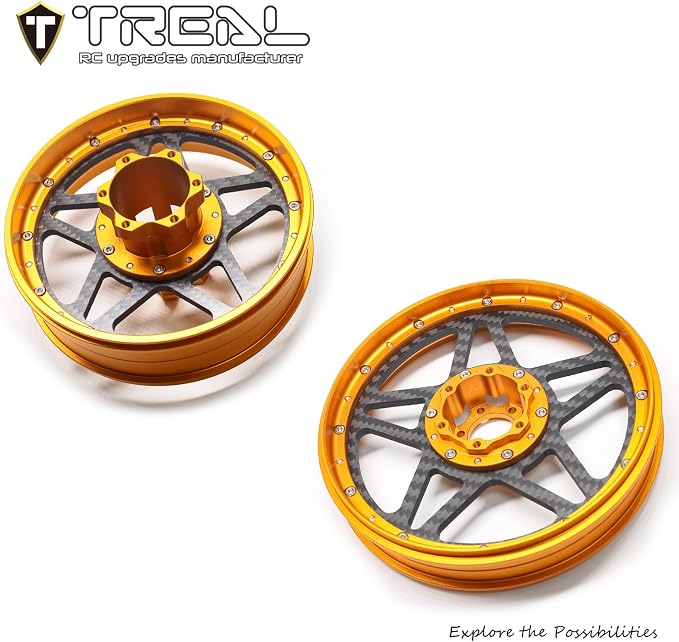 TREAL Losi Promoto MX Front and Rear Wheels(2P), CNC Machined Aluminum w Carbon Rims for Losi 1/4 FXR Motorcycle(Orange)