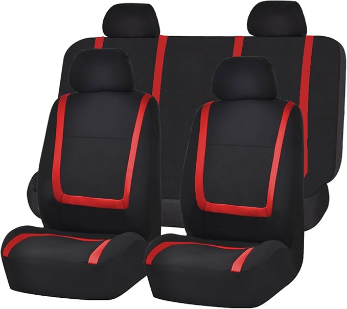 FH Group Unique Flat Cloth Car Seat Covers w. Steering Wheel Cover and seat Belt Pads- Universal Car, Truck, SUV, or Van Beige/Black