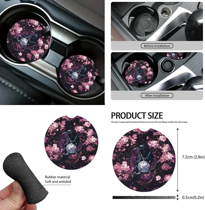 Purple Floral Moon Raven Car Seat Covers Full Set for Women Floral Car Accessories Steering Wheel Cover Seatbelt Pad Coasters Trash Can Car Headrest Pillow Covers Armrest Pad