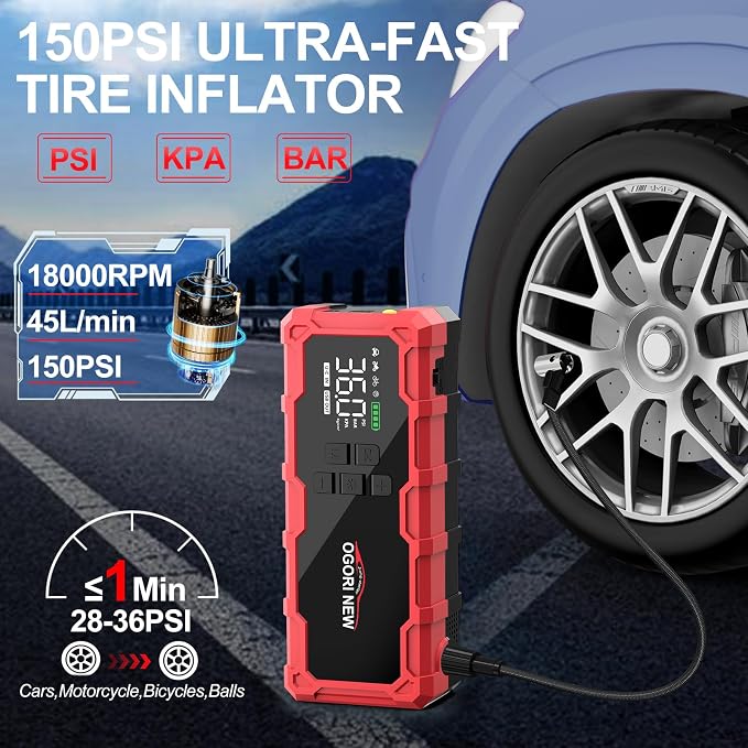 8000A Jump Starter with Air Compressor, 26800mAh 150PSI Portable Car Battery Jump Starter (All Gas/16L Diesel), 12V Supersafe Jump Box Car Battery Booster with Jumper Cables, Lights, Cigarette Lighter