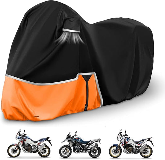 420D Motorcycle Cover Adventure Compatible with KTM R1250 GS Tenere 700 KLR 650 Africa Twin 1290 Super Adventure Transalp V-Strom Waterproof Outdoor All Weather with Lock Hole, Black/Orange