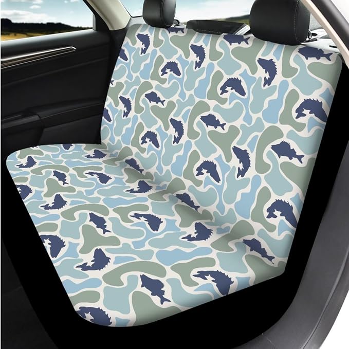 Bulopur Teal Fish Camo Auto Seat Covers Front and Backseat with Patriotic Automotive Steering Wheel Cover Cloth Armrest Cushion Pad Anti-Scratch Seat Headrest Cover 14 Piece Car Interior Decor Set