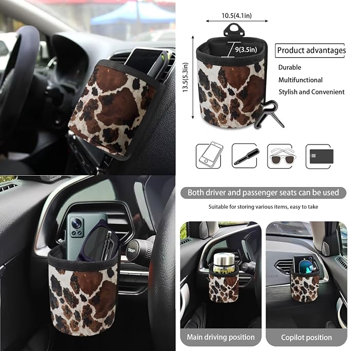 Brown CowPattern Car Accessories Set of 15, Front Rear Seat Covers Protector Steering Wheel Cover Seatbelt Cushion Trash Can Cup Holders Air Vent Storage Bag