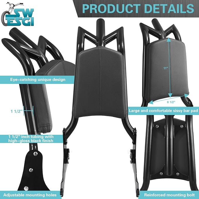 Detachable Adjustable 24” Sissy Bar Passenger Backrest Fit for Harley Touring | 2009-2026 Street Glide Road Glide Road King Electra Glide Gloss Black
