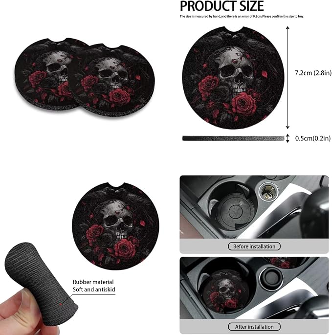 Howilath Raven Rose Skull Car Front Seat Cover with Center Console Cover+Steering Wheel Cover+Seatbelt Pads+Keychain+Coasters Car Accessories Set of 10