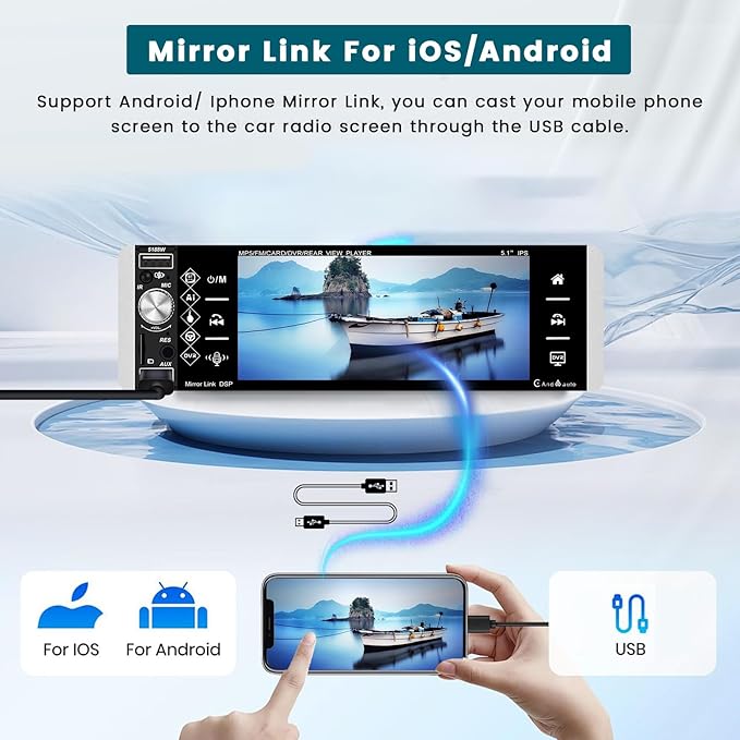 5.1 Inch Single Din Car Stereo Wireless Carplay Android Auto, Touch Screen Car Radio with Bluetooth AM FM RDS Radio Receiver Rear View Camera EQ Mirror Link