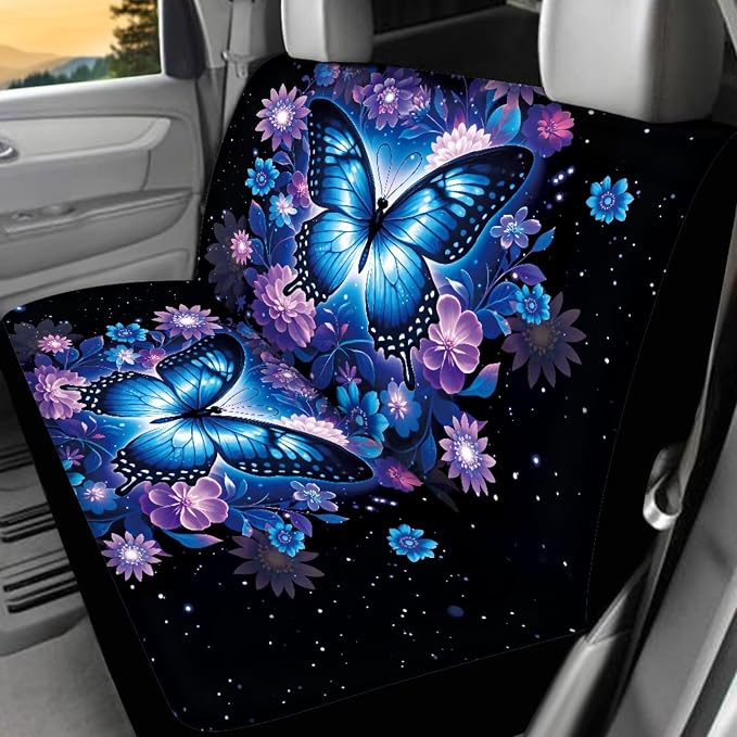 Blue Butterfly Car Seat Covers Full Set of 17 Pcs,Blue Butterfly Car Accessories with Ca Rubber Floor Mats Steering Wheel Cover Armrest Pad Butterflies Automotive Interior Sets,Universal Fit
