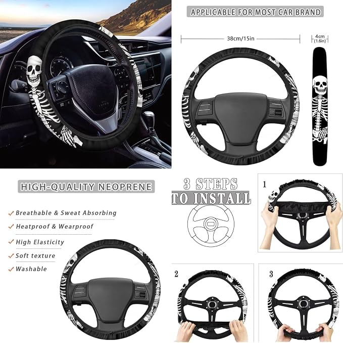Howilath Funny Skull Car Seat Cover with Interior Accessories Center Console Cover+Steering Wheel Cover+Seatbelt Pads+Keychain+Coasters Set of 10