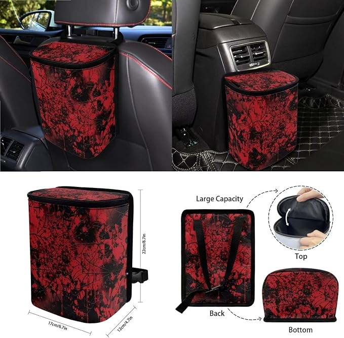 Wanyint Bloody Print Cobweb Car Seat Cover Split Covers for Women Men, Car Steering Wheel Cover Seat Belt Pads Trash Bin Mount Phone Holder Rearview Mirror Cover Cup Holder Wrist Key Chain, 15 PCS Set