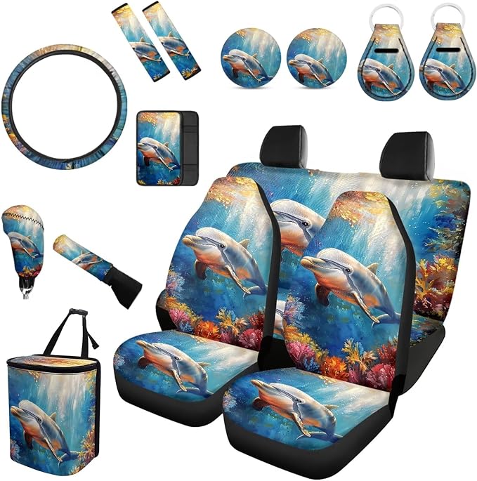 Forchrinse Underwater Dolphin Coral Car Seat Covers Full Set 15Pack Steering Wheel Cover/Armrest Cushion/Seatbelt Cover/Garbage Can/Handbrake Gear Shift Covers