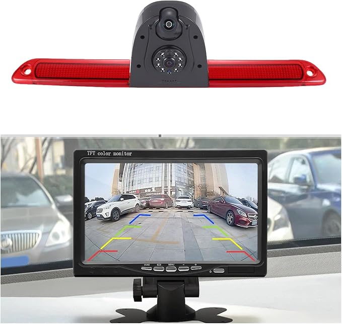 【New Super Dual Lens】Car Rear View Camera Brake Light Reversing System in 3rd Brake Light Camera, Replacement for Van Mercedes Benz Sprinter W906/ VW Crafter Caravelle 2007-2015 (with 7 inch monitor)