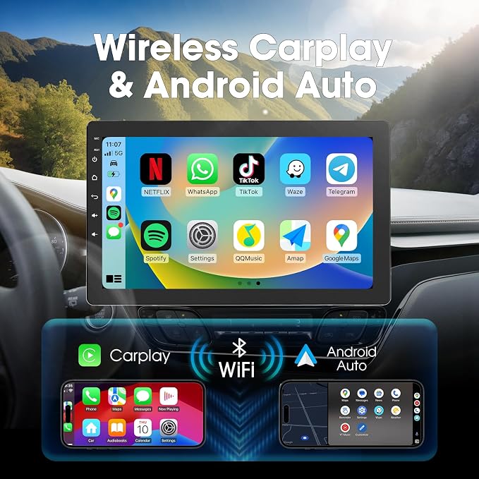 Haudio 10.1 inch Single Din Car Stereo, Rotatable Touch Screen Radio with Wireless Apple CarPlay & Android Auto, Backup Camera, Mirror Link, SWC, GPS, Voice Control, Bluetooth, WiFi