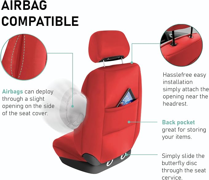 FH Group Neoprene Car Seat Covers - Front Set for Low Back Seats with Removable Headrest, Universal Fit, Airbag Compatible - Solid Red Seat Covers for SUVs and Vans