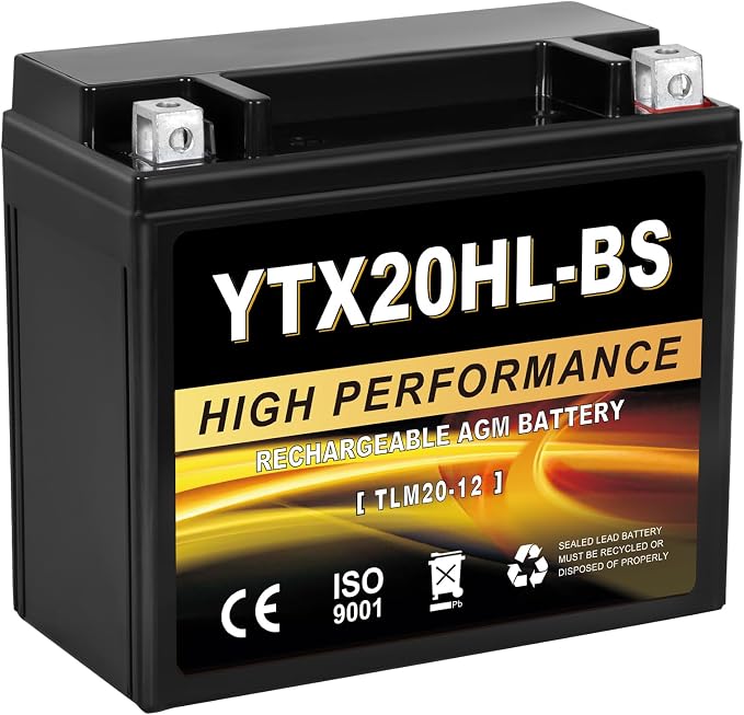 YTX20HL-BS 12V 20Ah AGM Sealed Motorcycle Battery, Maintenance-Free, Compatible with Harley Davidson, Honda, ATV, UTV, Snowmobile Replacement