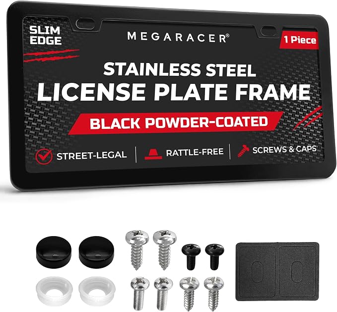 Powder-Coated Matte Black Thin License Plate Frame – 1 Piece, Car Wash Proof Stainless Steel, Rust-Free, Rattle-Free, Street Legal, Slim 2 Hole with Screw Caps, Gloss Metal Front or Rear Tag Holders