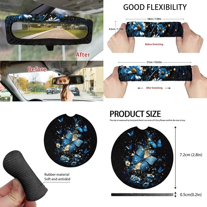 15 Pcs Blue Glitter Butterfly Auto Interior Accessories Car Seat Covers with Auto Steering Wheel Cover Seat Belt Covers Car Trash Can View Mirror Cover Coaster Keychains
