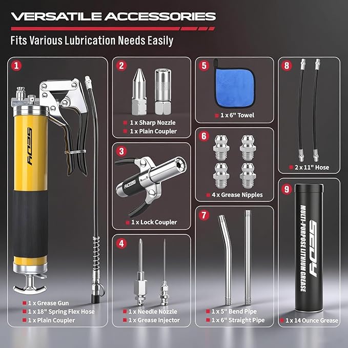 17-Piece Heavy Duty Grease Gun Kit: 14oz Grease Tube Flexible Hose Bearing Grease Pump 8000 PSI Pistol Grip Grease Guns Tool Marine Durable Connectors Adapters Extension Tubes Nozzle Easy Operation