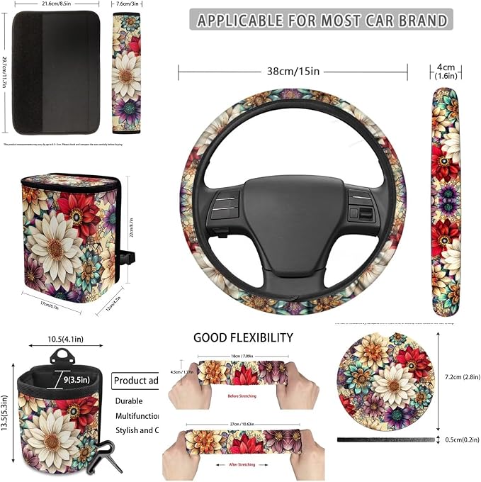 Dreaweet Dahlia Car Seat Covers Full Set for Women Flower Car Accessories 15 Pcs Set - Steering Wheel Cover Seatbelt Covers Car Coasters Trash Can Air Vent Storage Bag Rearview Mirror Cover Keychain
