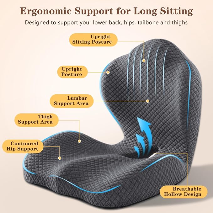 Ergonomic Memory Foam Seat Cushion with Back Support, L-Shaped Office Chair Cushion with Coccyx Cutout, Tailbone Support Cushion for Long Sitting, Car Seat Cushion for Driving, Home & Gaming Chair
