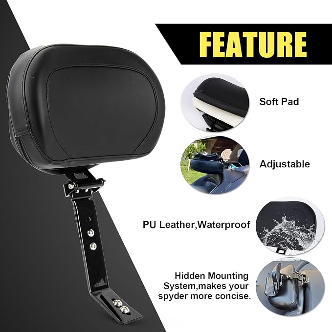 PSLER Spyder Adjustable Driver Backrest Pad Kit Rider Backrest Mount Kit with Storage Pouch for Spyder F3 F3-L F3-S F3-T F3LTD 2015 2016 2017 2018 2019 2020 2021 2022 2023 2024 Quick Detachable