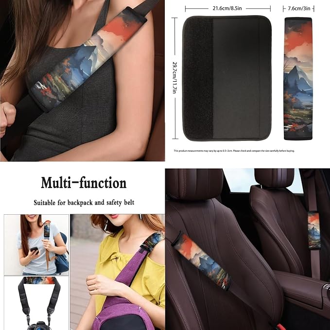 Landscape 13 Pcs Seat Covers Watercolor Mountain Landscape Full Set Print Non Slip and Soft Headrest Cover Car Pine Forest Cup Pad Fit for Car,Truck,Van,SUV
