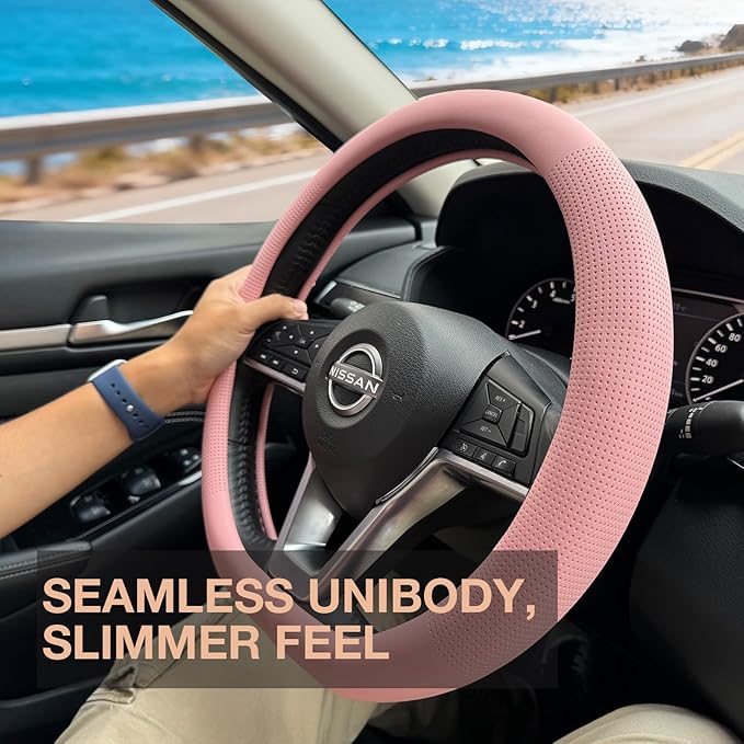 PINCTROT D Shaped Nappa Leather Steering Wheel Cover, Slim Fit No Bulk Design, One Piece Leather with Breathable Perforation, Fit Like Gloves, Flat Bottom 14.5-15 Inch(Nappa Pink)