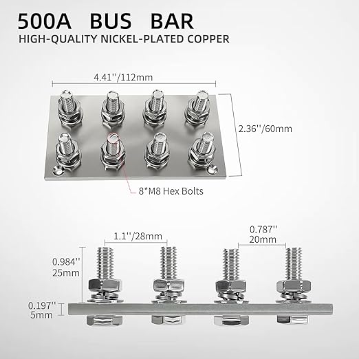 500A Copper Bus Bar 2PCS 12V Ground Power Distribution Block 8 * 5/16″Studs Battery Terminal Block for Car Audio Boat Automotive Solar Wiring (NEG&POS)
