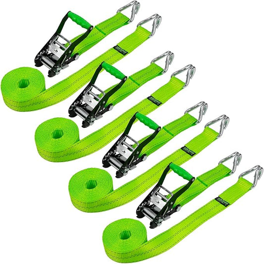 VULCAN Ratchet Strap with Wire Hooks - 2 Inch x 15 Foot - 4 Pack - High-Viz - 3,300 Pound Safe Working Load