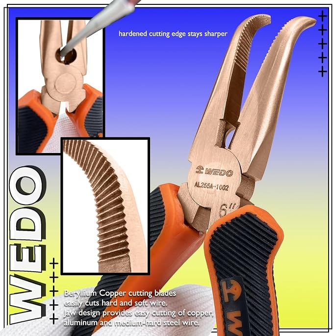 WEDO 6”Non-Sparking Bent Needle Nose Pliers 45 Degree,Long Nose Pliers, Wire Cutters,Used for Cutting Clamping Pinching Jewelry Making,Beryllium Copper,DIN Standard,BAM & FM Certificate,Length 150mm
